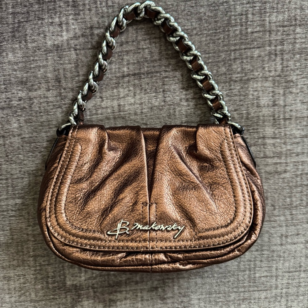 b. makowsky Bronze Metallic Leather Shoulder Bag with Chain Handle
